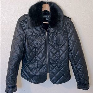 Faux leather jacket with removable fur collar